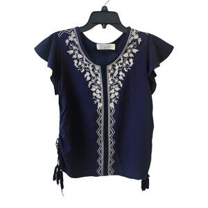 Time and Tru Rayon Blend Floral Fringe Navy Blue Boho Top Women's Large